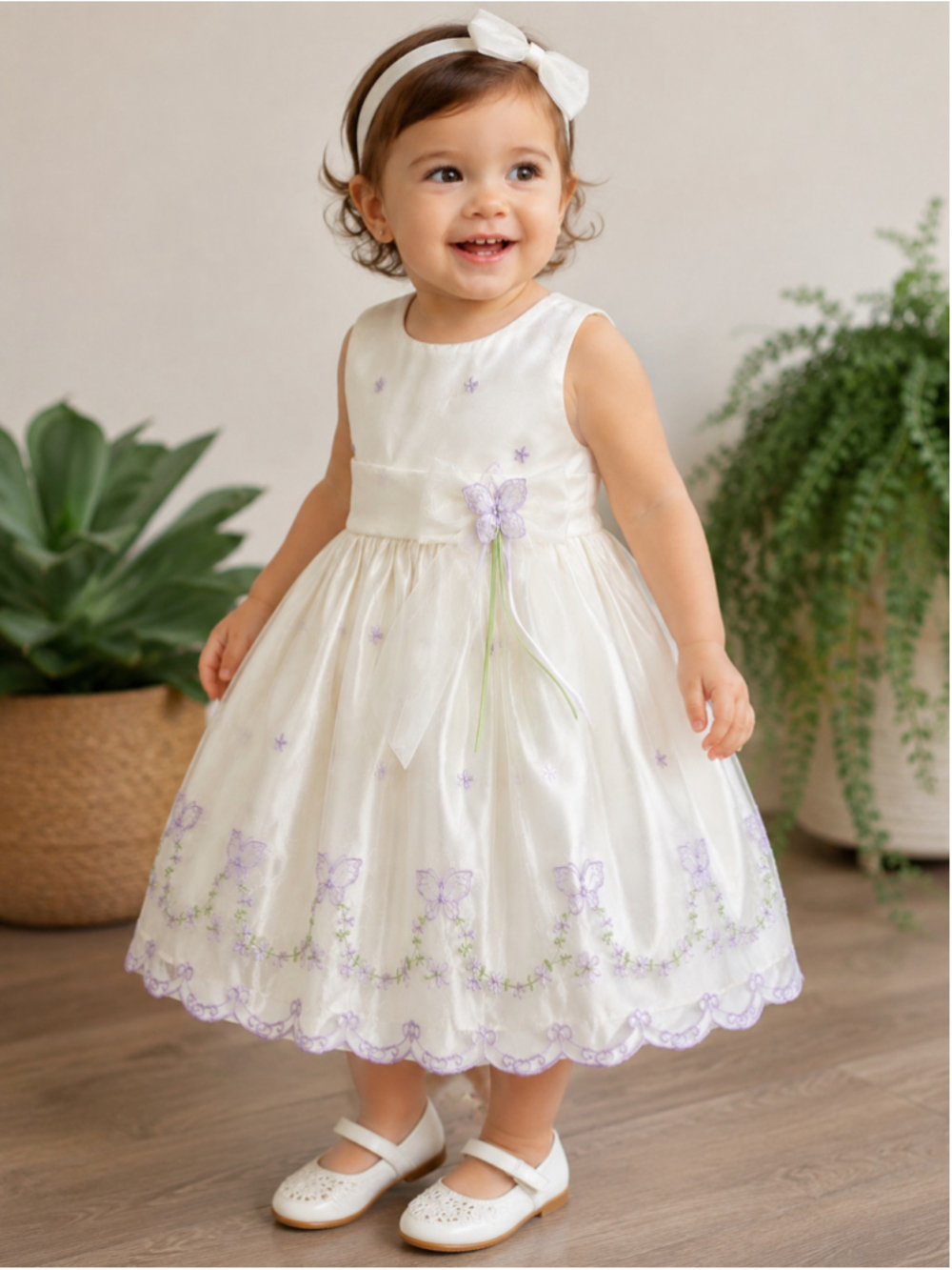 American Princess Girl’s Sleeveless Ivory Tulle Dress with Lilac Flowers & Butte